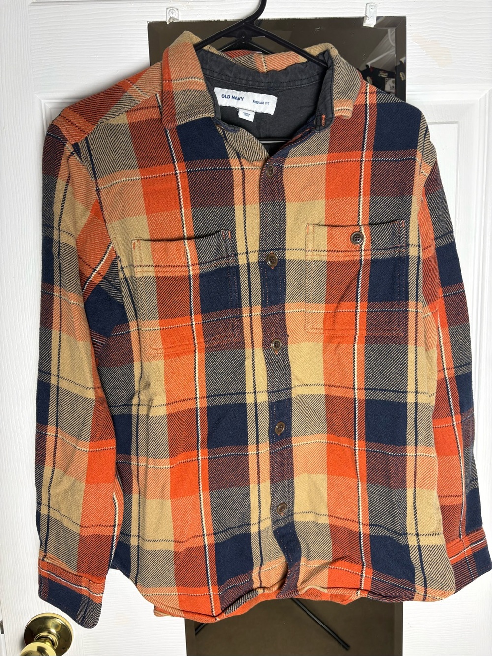 Old Navy Men's Orange Navy Plaid Flannel Shirt Size M